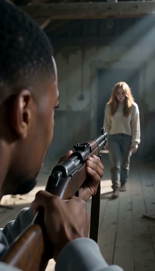 The survivor aims the gun in the cabin